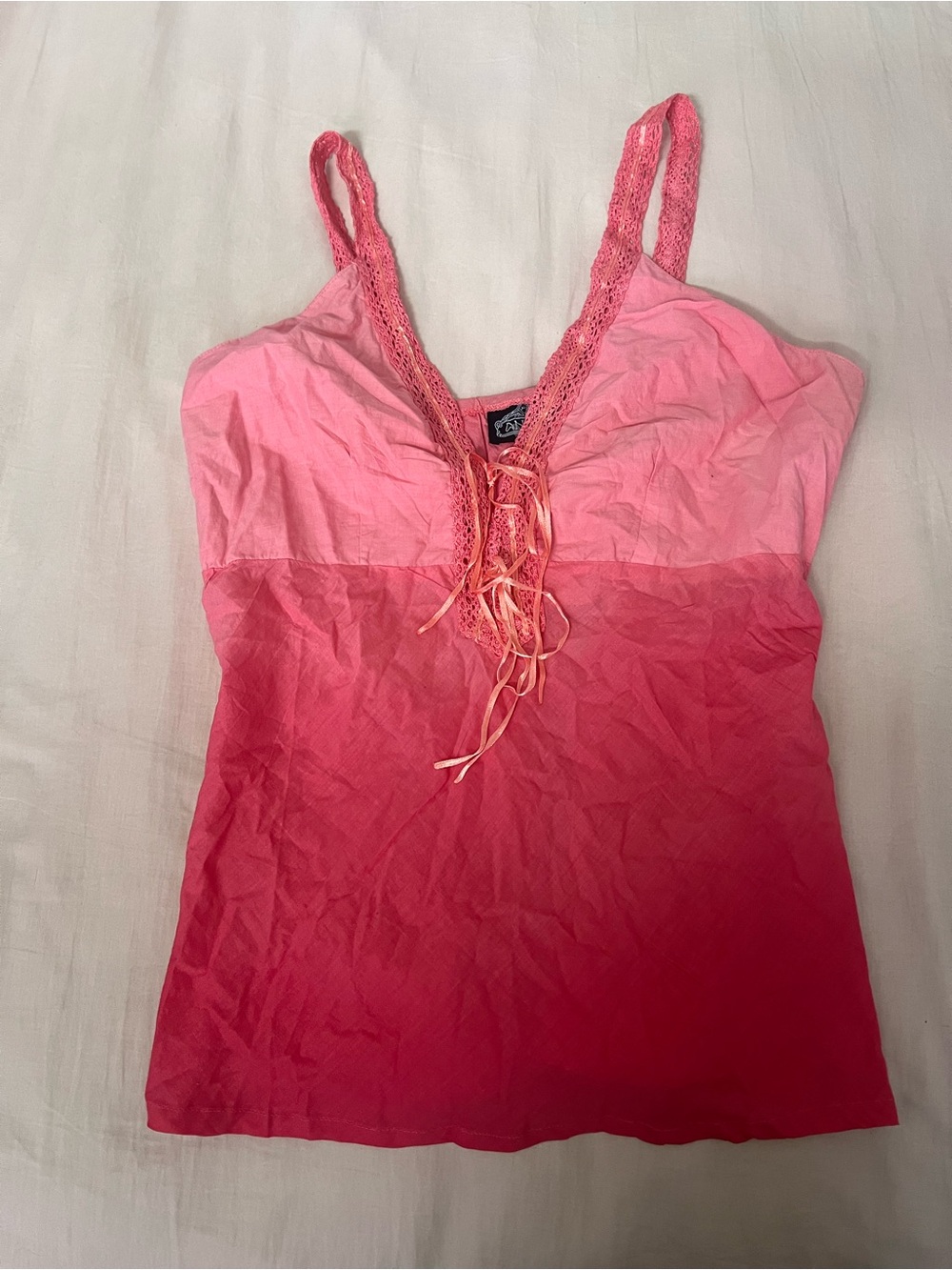 Angie Pink Ombre Lace-Trim Lace Up Cami Top